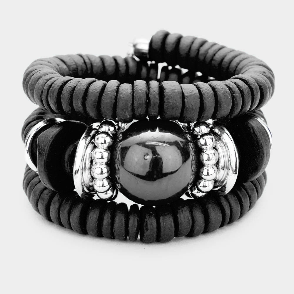 Madeline Love Jet Black Resin Ball Accented Wood Beaded Adjustable Bracelet - Bracelets