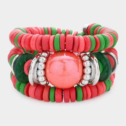 Madeline Love Pink&Green Resin Ball Accented Wood Beaded Adjustable Bracelet - Bracelets