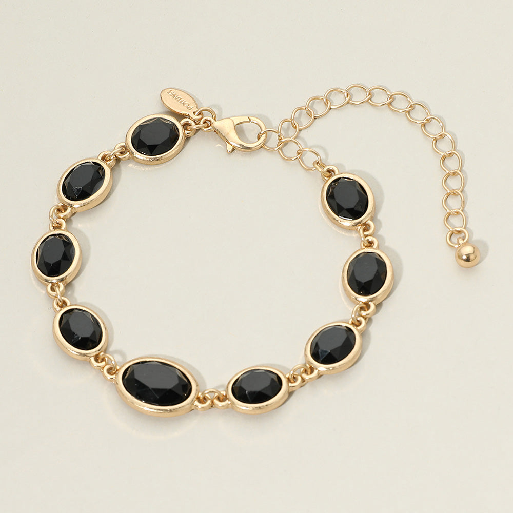 Madeline Love Black, Worn Gold Faceted Oval Stone Cluster Link Bracelet