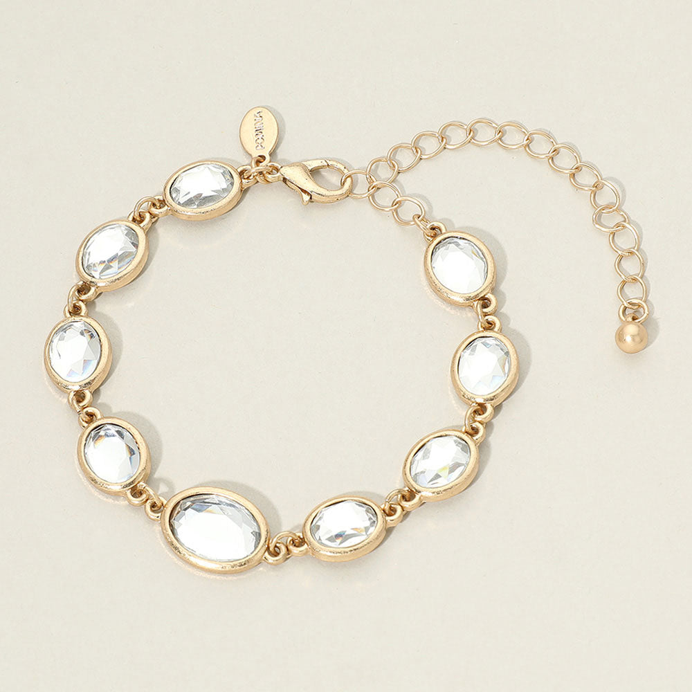 Madeline Love Clear, Worn Gold Faceted Oval Stone Cluster Link Bracelet