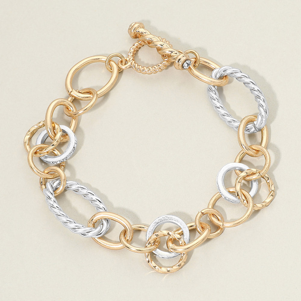 Madeline Love Clear, Two Tone, Worn Gold Chunky Mixed Link Statement Toggle Bracelet