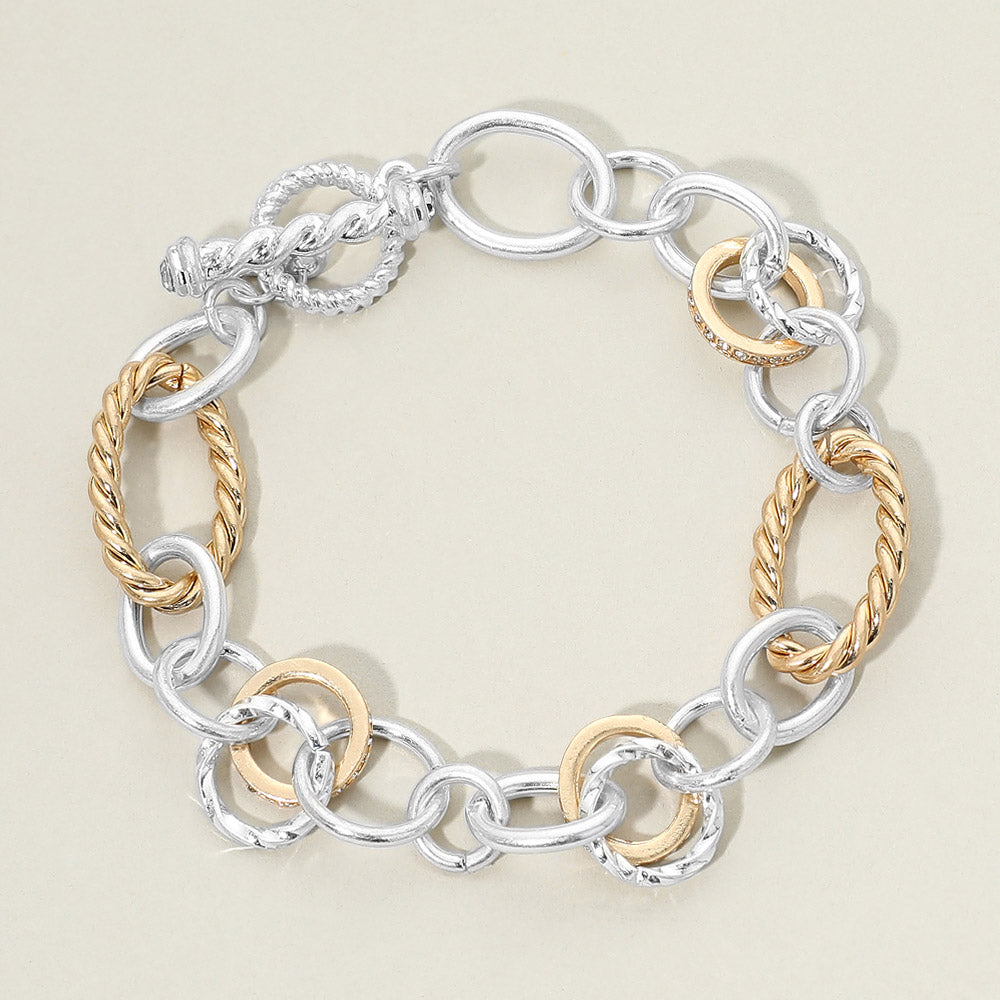 Madeline Love Clear, Two Tone, Worn Silver Chunky Mixed Link Statement Toggle Bracelet