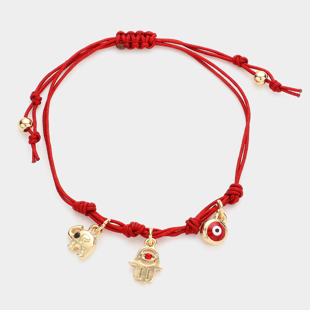Madeline Love Red Elephant Hamsa Hand Evil Eye Charm Pull Tie Cinch Bracelet - Bracelets