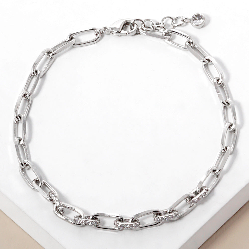Madeline Love Clear, Rhodium White Gold Dipped CZ Stone Paved Paperclip Chain Bracelet