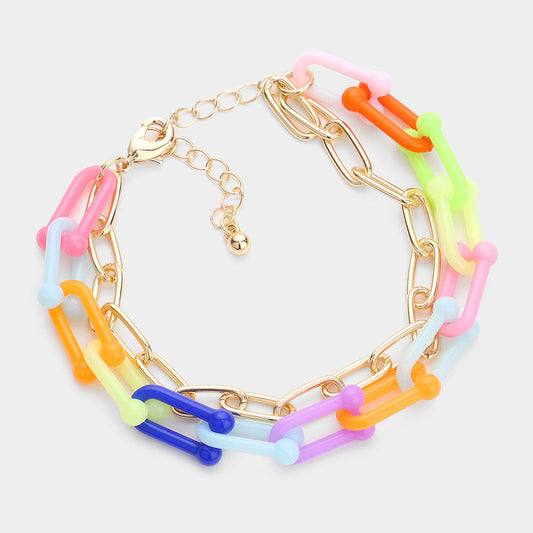 Madeline Love Multi Open Metal Oval Resin Link Double Layered Bracelet - Bracelets