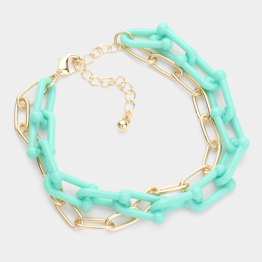Madeline Love Turquoise Open Metal Oval Resin Link Double Layered Bracelet - Bracelets