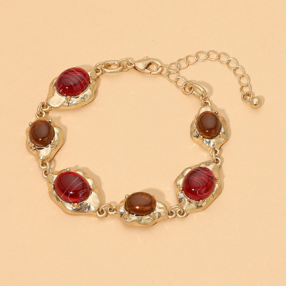 Madeline Love Burgundy, Worn Gold Abstract Oval Cabochon Link Bracelet