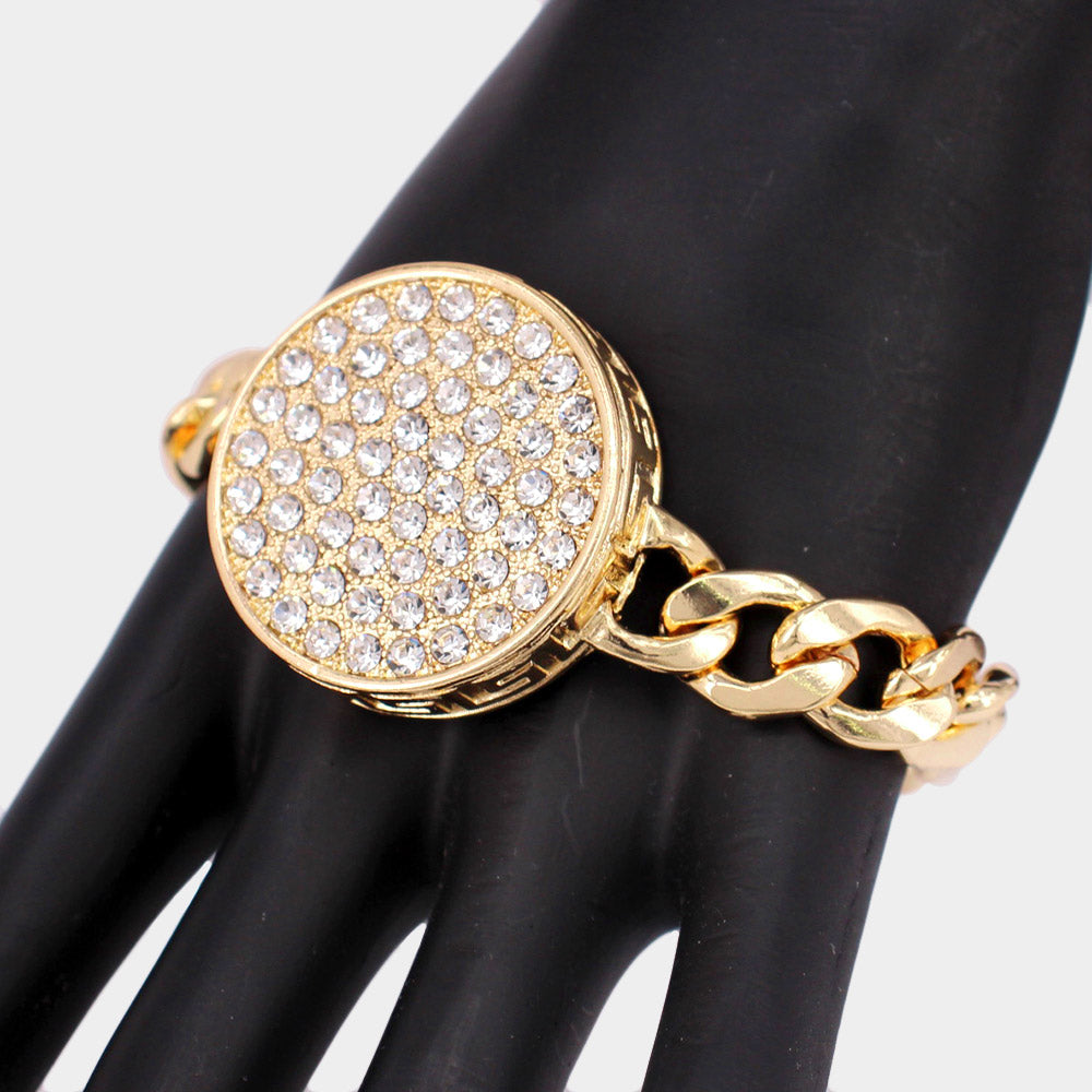 Madeline Love Gold Rhinestone Embellished Circle Pendant Metal Link Bracelet - Bracelets - desc