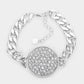Madeline Love Rhodium Rhinestone Embellished Circle Pendant Metal Link Bracelet - Bracelets