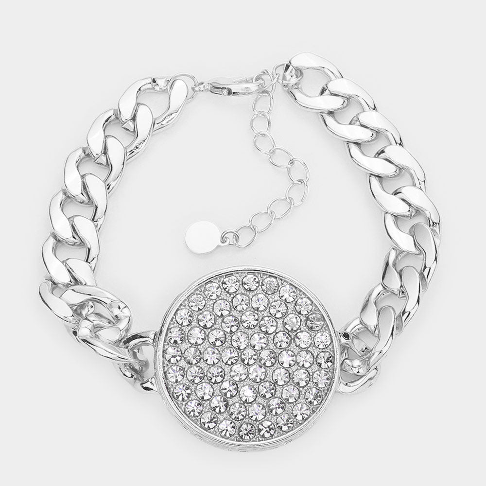 Madeline Love Rhodium Rhinestone Embellished Circle Pendant Metal Link Bracelet - Bracelets
