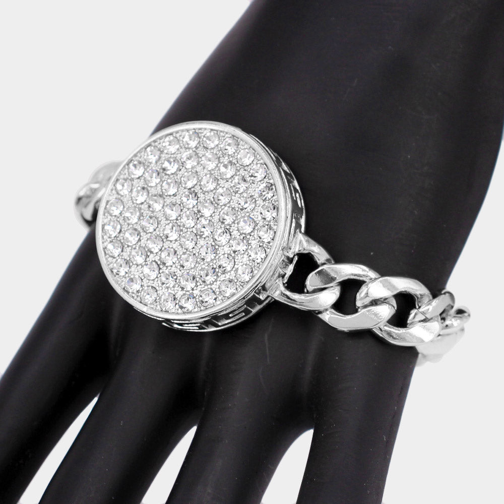 Madeline Love Rhodium Rhinestone Embellished Circle Pendant Metal Link Bracelet - Bracelets - desc