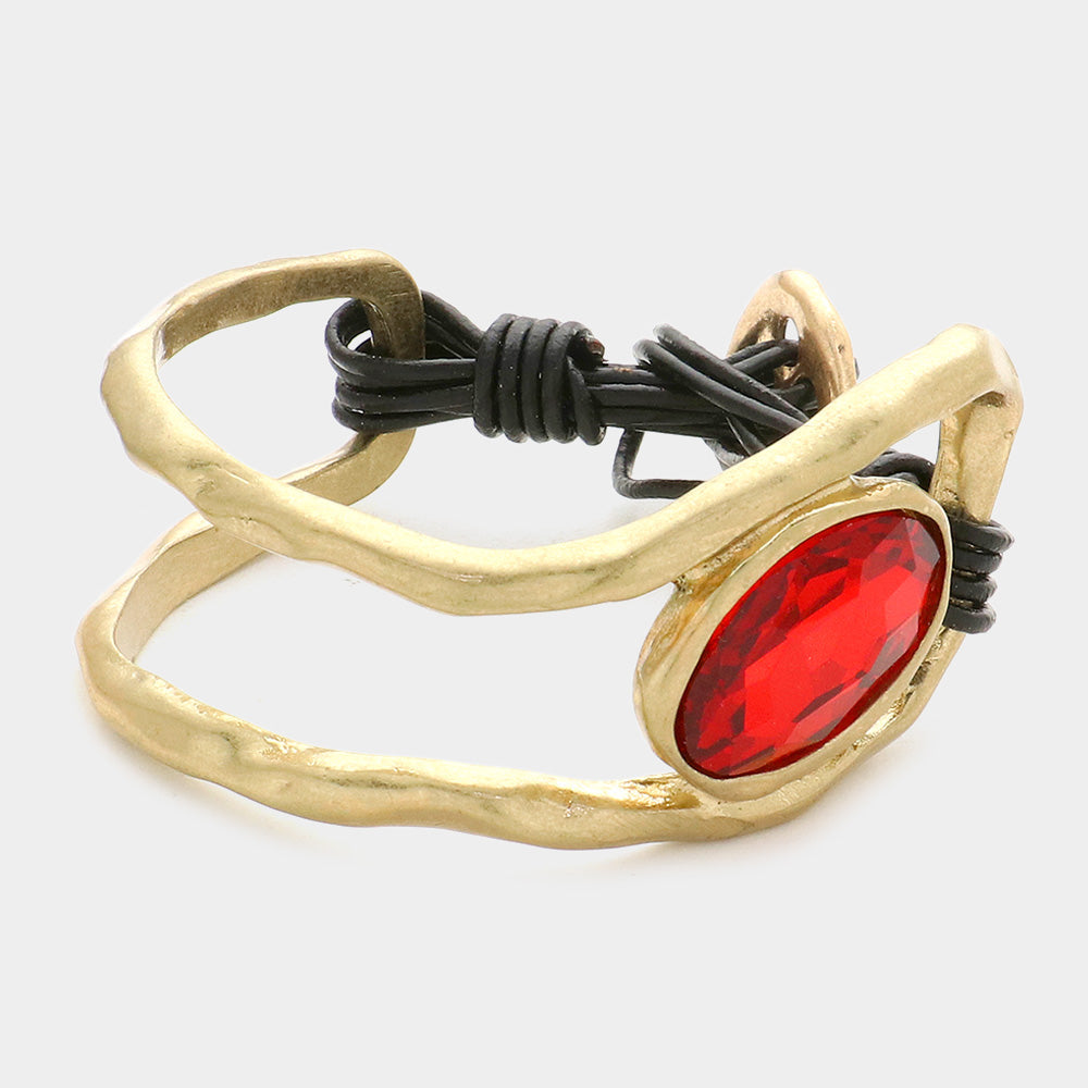 Madeline Love Siam Oval Crystal Accented Hammered Metal Toggle Bracelet - Bracelets