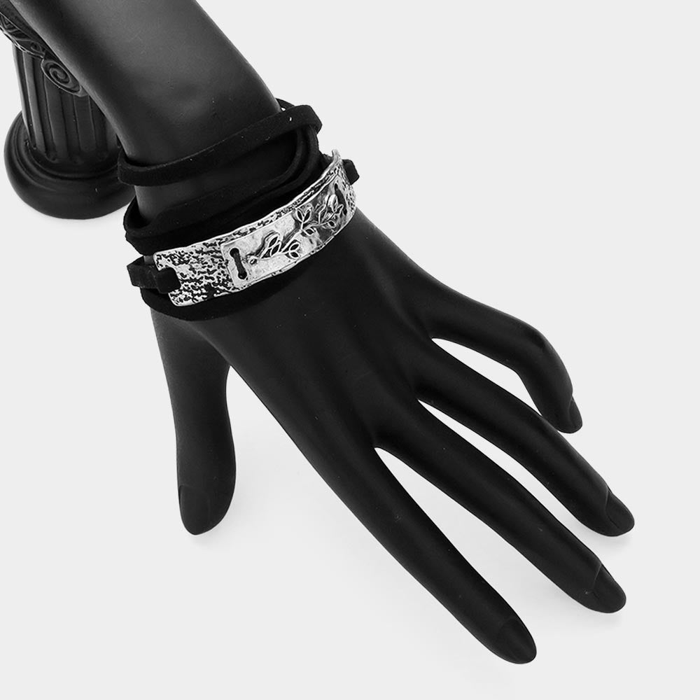 Madeline Love Black, Worn Silver Leaf Twig Metal Bar Pointed Faux Suede Wrap Bracelet - Bracelets