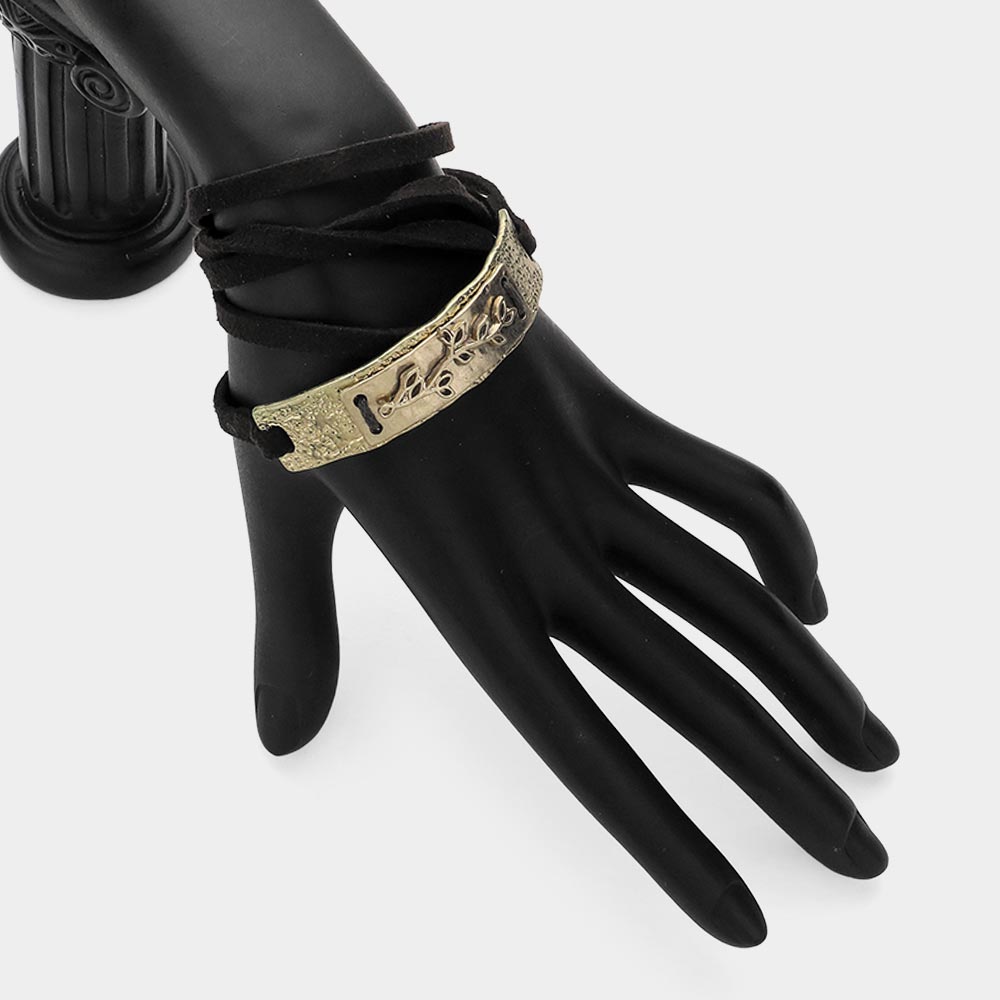 Madeline Love Brown, Worn Gold Leaf Twig Metal Bar Pointed Faux Suede Wrap Bracelet - Bracelets