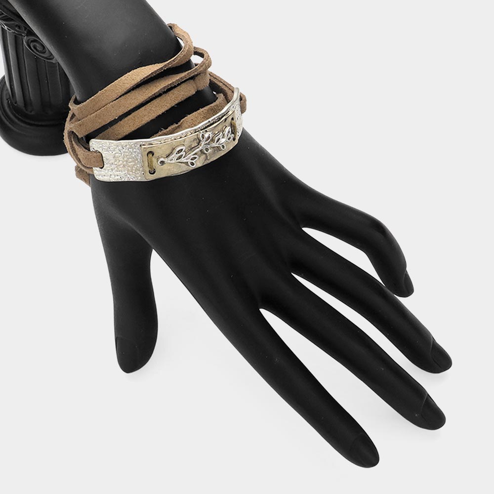 Madeline Love Neutral, Worn Silver Leaf Twig Metal Bar Pointed Faux Suede Wrap Bracelet - Bracelets