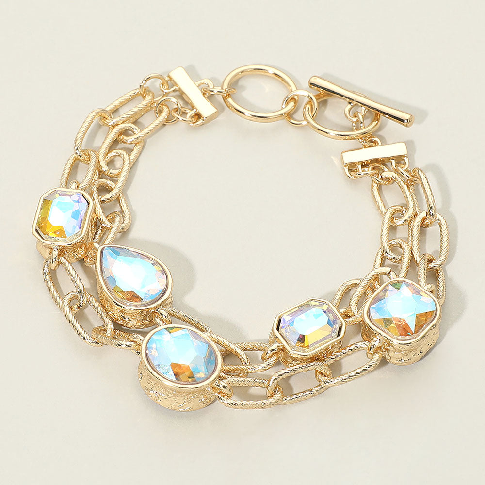 Madeline Love AB Faceted Oval Teardrop Rectangular Stone Cluster Link Metal Chain Layered Bracelet