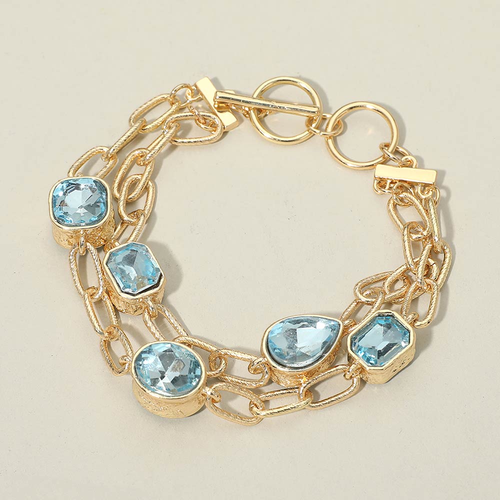 Madeline Love Aqua Faceted Oval Teardrop Rectangular Stone Cluster Link Metal Chain Layered Bracelet - Bracelets