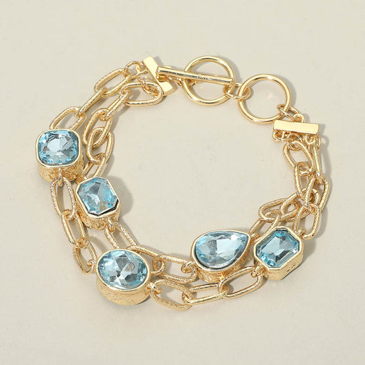 Madeline Love Aqua Faceted Oval Teardrop Rectangular Stone Cluster Link Metal Chain Layered Bracelet - Bracelets