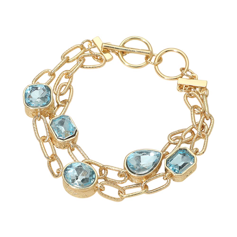 Madeline Love Aqua Faceted Oval Teardrop Rectangular Stone Cluster Link Metal Chain Layered Bracelet - Bracelets - desc