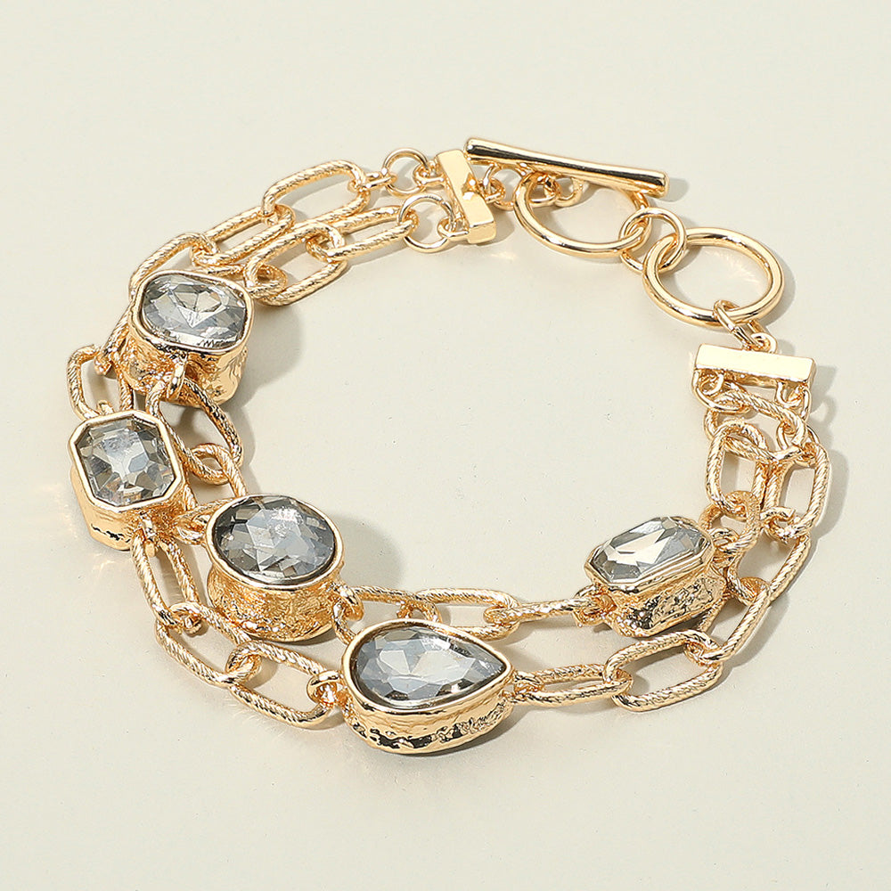 Madeline Love Black Diamond Faceted Oval Teardrop Rectangular Stone Cluster Link Metal Chain Layered Bracelet - Bracelets