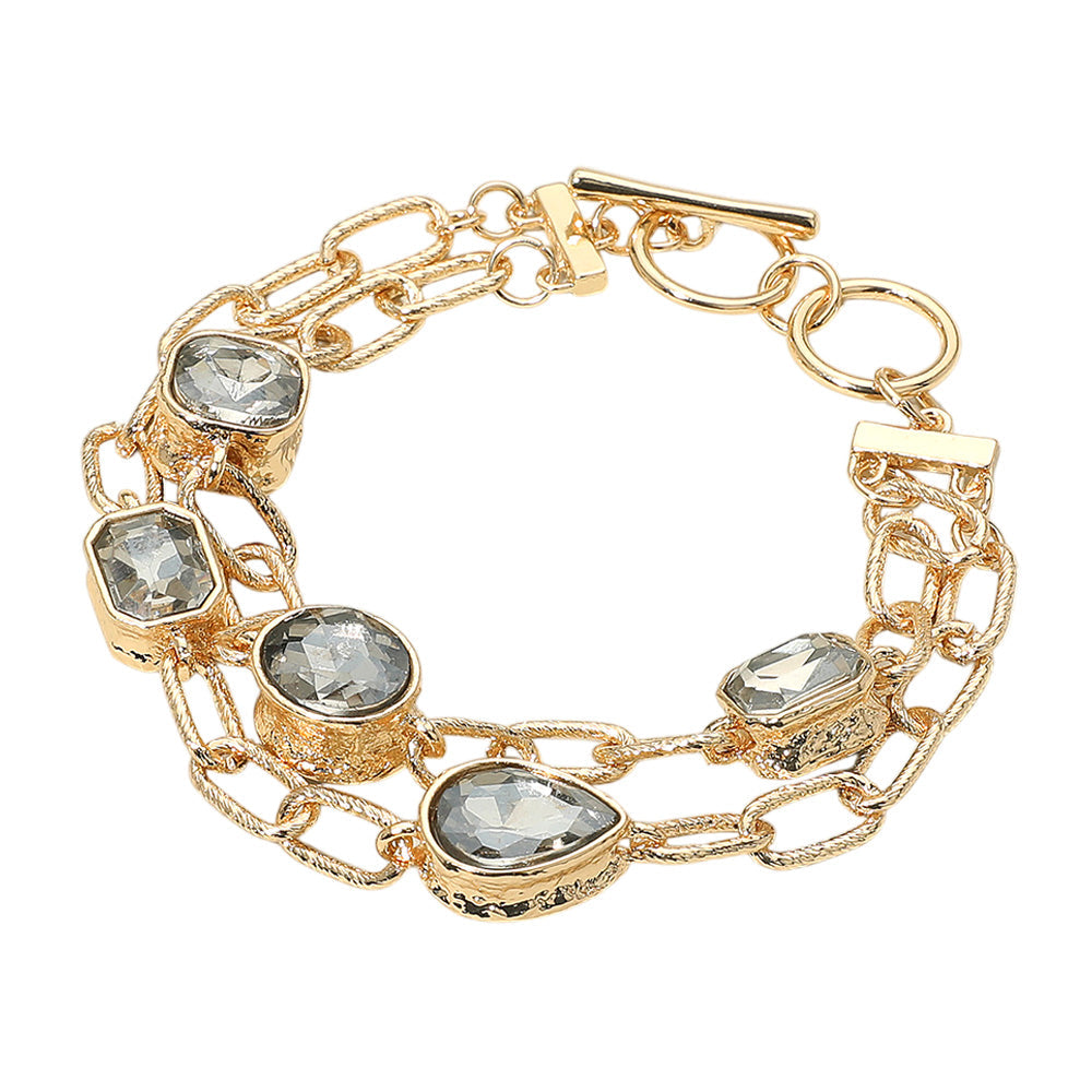 Madeline Love Black Diamond Faceted Oval Teardrop Rectangular Stone Cluster Link Metal Chain Layered Bracelet - Bracelets - desc