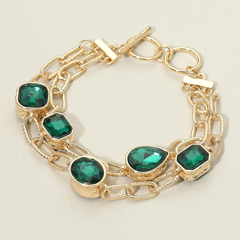 Madeline Love Green Faceted Oval Teardrop Rectangular Stone Cluster Link Metal Chain Layered Bracelet