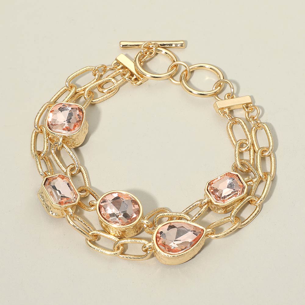 Madeline Love Peach Faceted Oval Teardrop Rectangular Stone Cluster Link Metal Chain Layered Bracelet - Bracelets