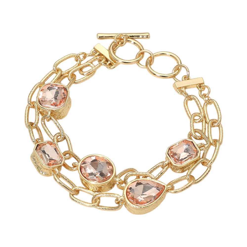 Madeline Love Peach Faceted Oval Teardrop Rectangular Stone Cluster Link Metal Chain Layered Bracelet - Bracelets - desc