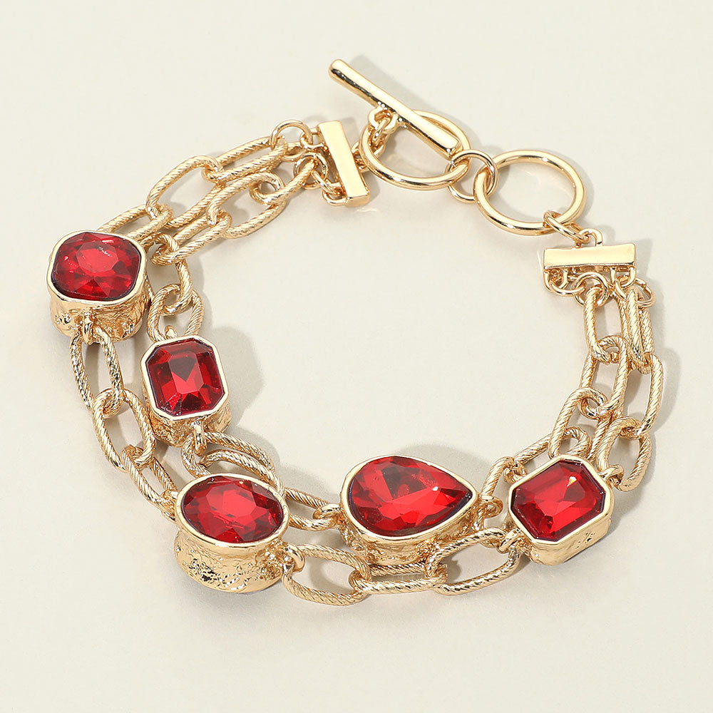 Madeline Love Red Faceted Oval Teardrop Rectangular Stone Cluster Link Metal Chain Layered Bracelet