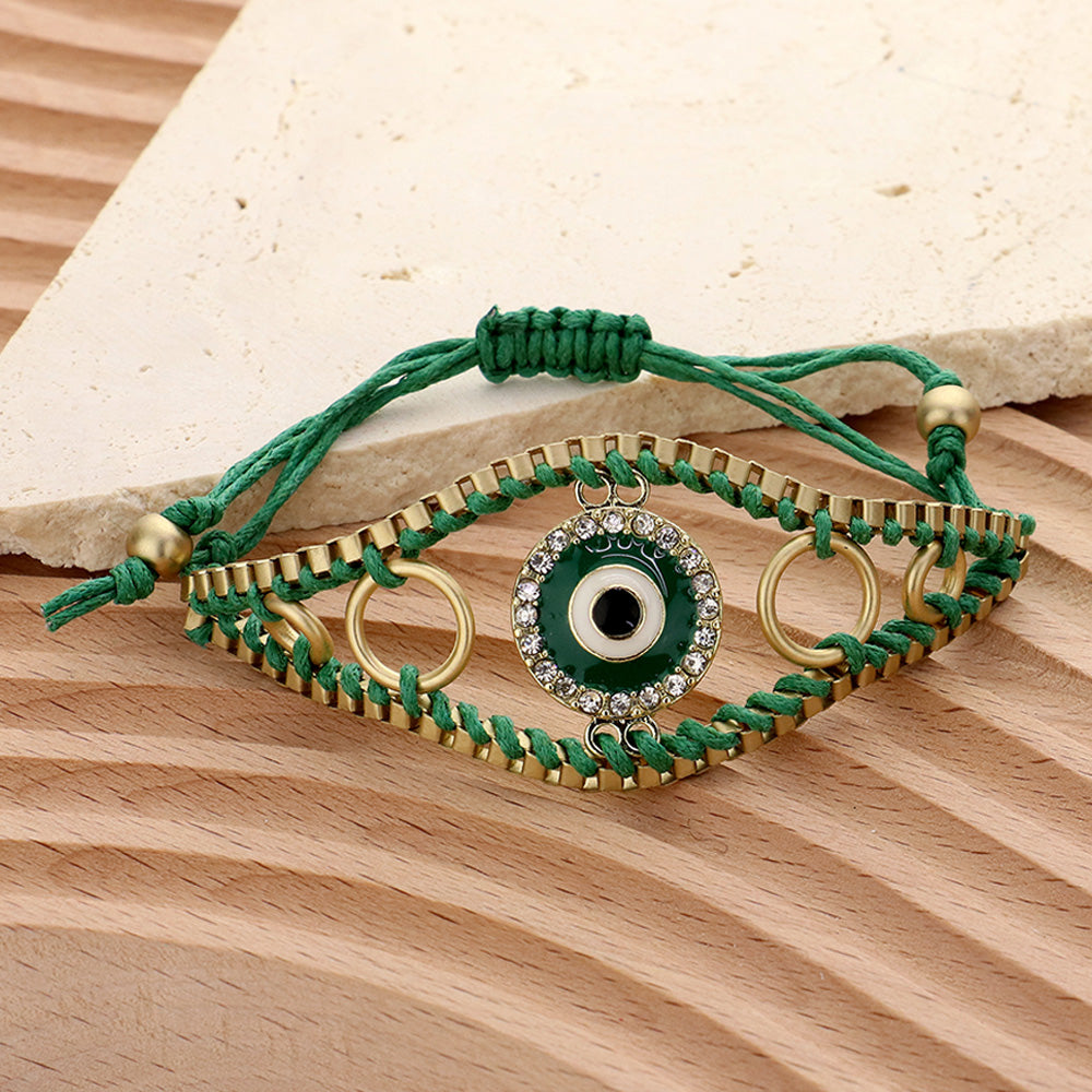 Madeline Love Green, Matte gold Enamel Evil Eye Adjustable Pull Tie Cinch Bracelet - Bracelets