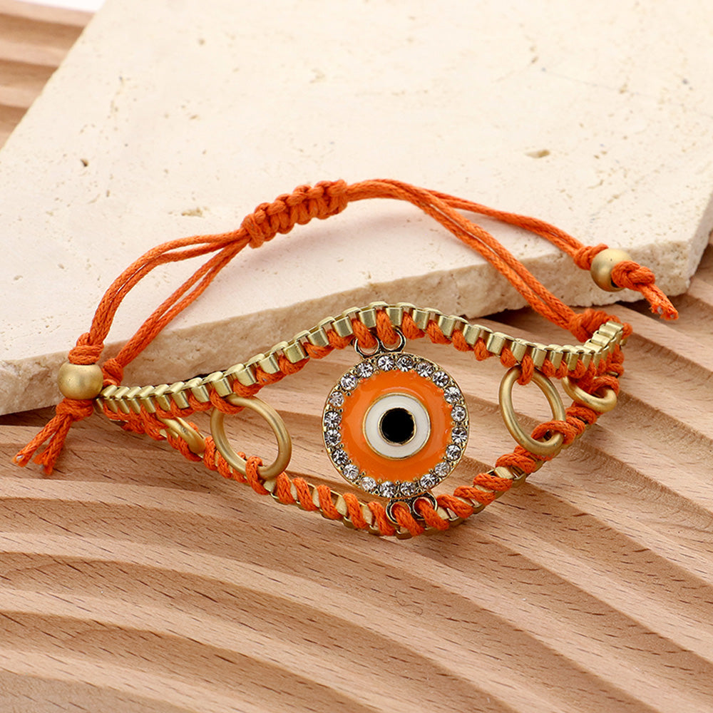 Madeline Love Matte gold, Orange Enamel Evil Eye Adjustable Pull Tie Cinch Bracelet - Bracelets