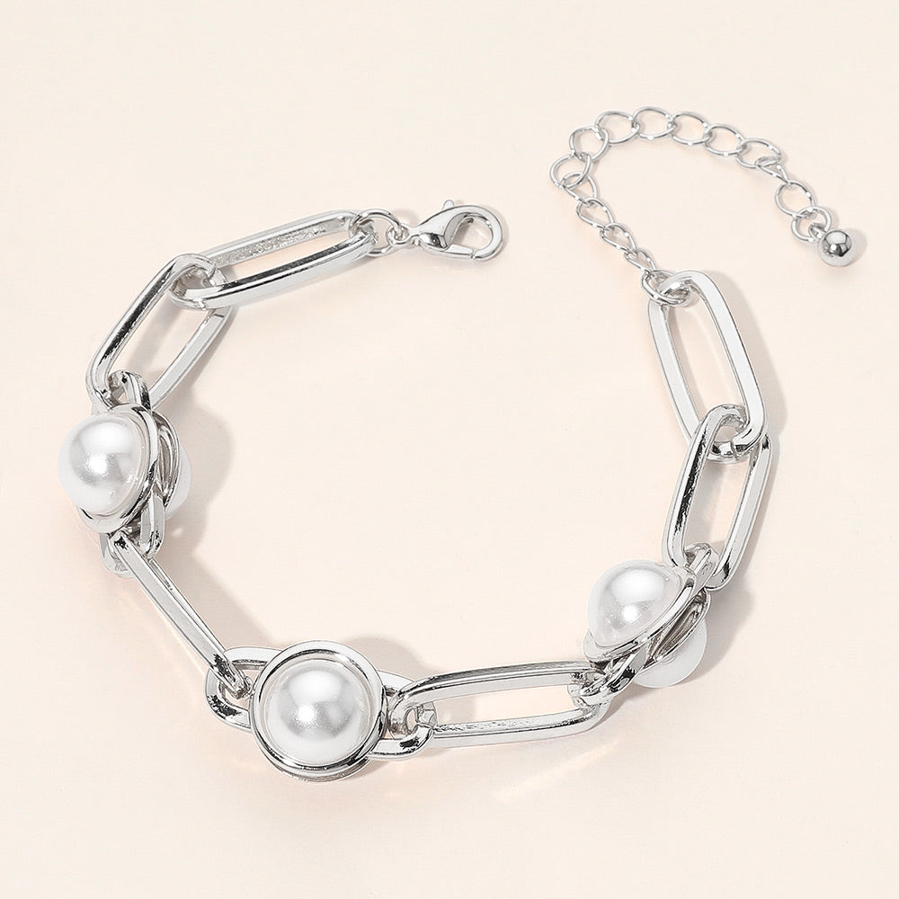Madeline Love Rhodium Pearl Cluster Link Paperclip Chain Bracelet
