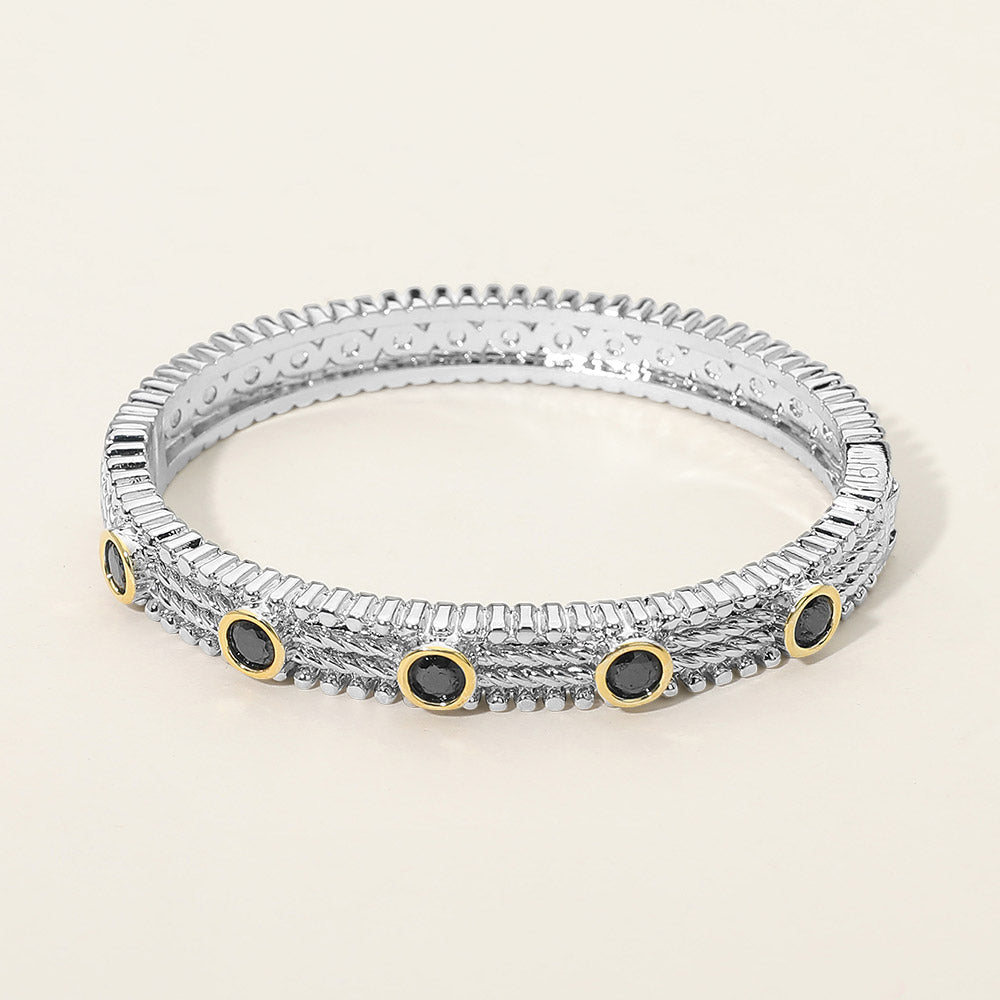 Madeline Love Black 14K Gold Plated CZ Bezel Station Accent Textured Hinged Bangle Bracelet - Bracelets