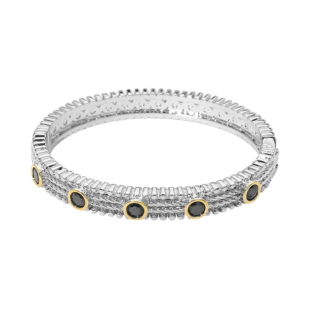 Madeline Love Black 14K Gold Plated CZ Bezel Station Accent Textured Hinged Bangle Bracelet - Bracelets - desc