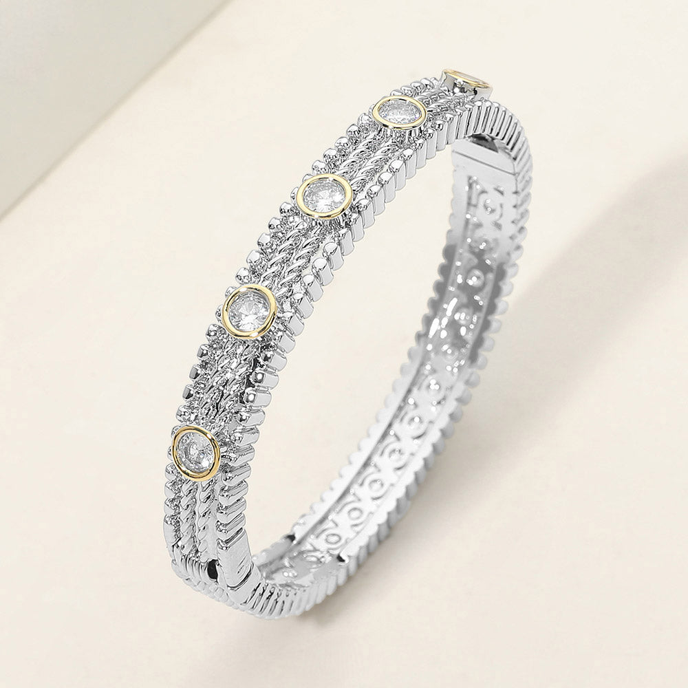 Madeline Love Clear 14K Gold Plated CZ Bezel Station Accent Textured Hinged Bangle Bracelet - Bracelets