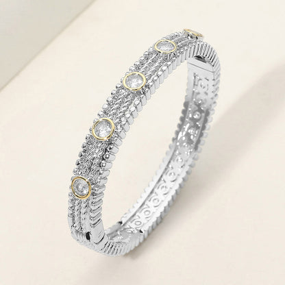 Madeline Love Clear 14K Gold Plated CZ Bezel Station Accent Textured Hinged Bangle Bracelet - Bracelets