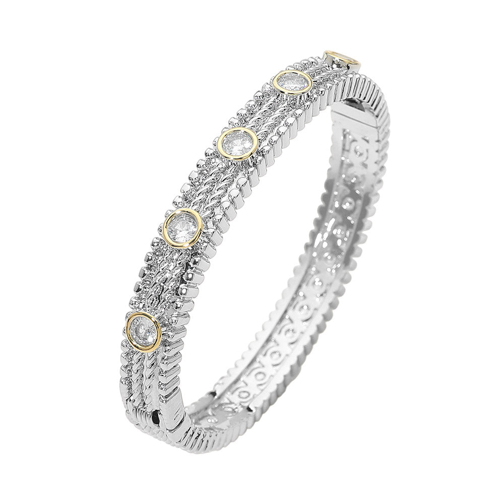 Madeline Love Clear 14K Gold Plated CZ Bezel Station Accent Textured Hinged Bangle Bracelet - Bracelets - desc