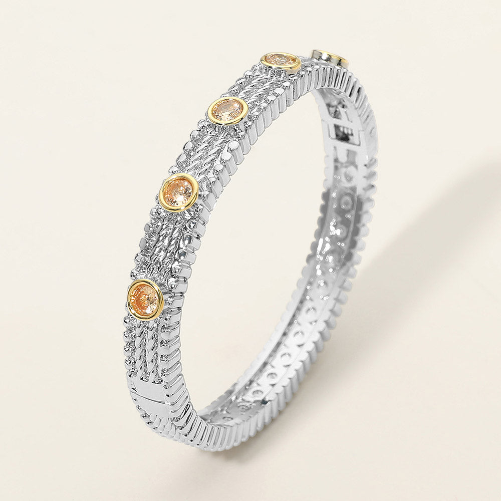 Madeline Love Topaz 14K Gold Plated CZ Bezel Station Accent Textured Hinged Bangle Bracelet - Bracelets