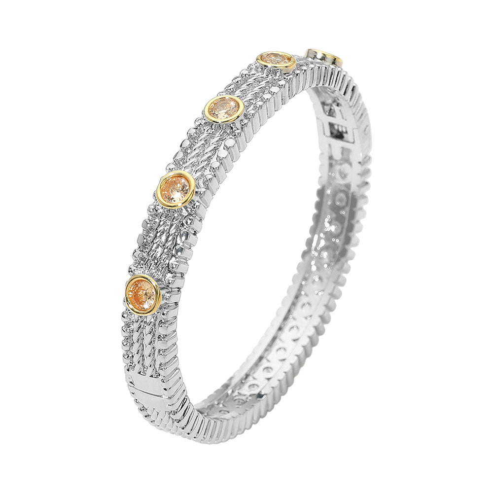 Madeline Love Topaz 14K Gold Plated CZ Bezel Station Accent Textured Hinged Bangle Bracelet - Bracelets - desc