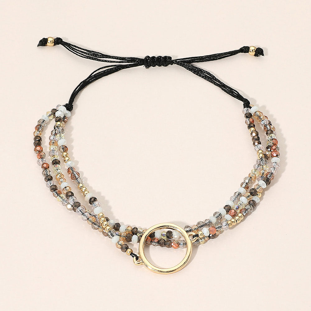 Madeline Love Black, Gold Metal Ring Accent Faceted Beaded Layered Adjustable Cinch Pull Tie Bracelet