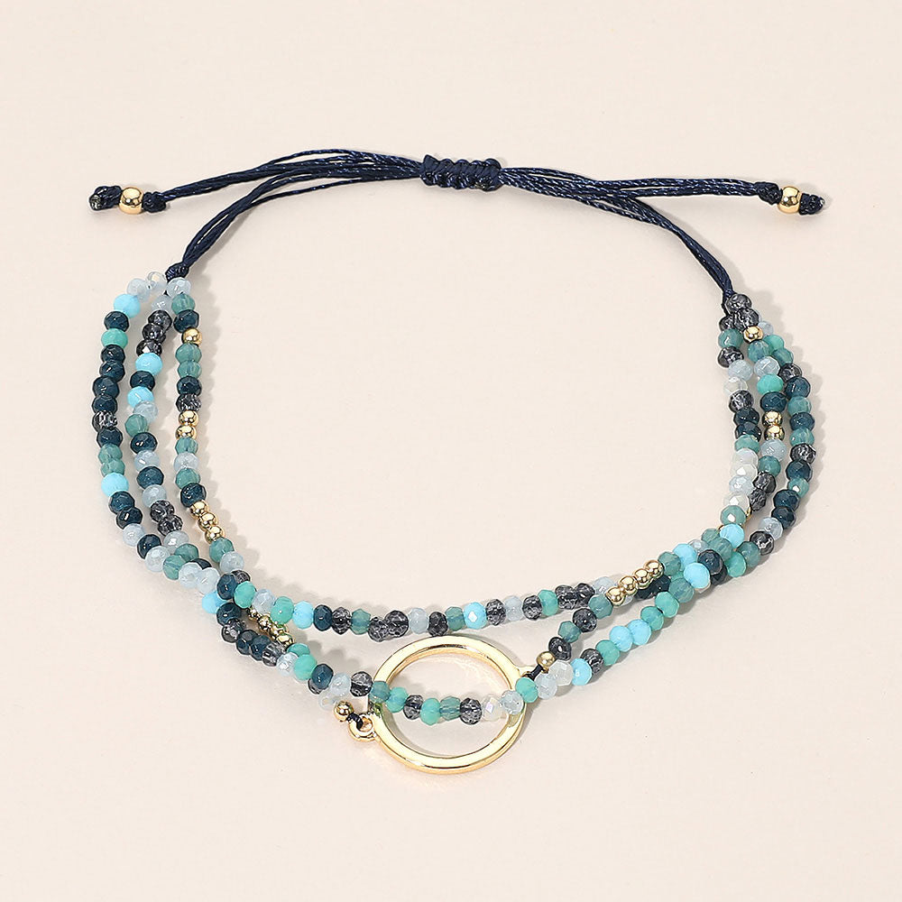Madeline Love Gold, Montana Blue Metal Ring Accent Faceted Beaded Layered Adjustable Cinch Pull Tie Bracelet