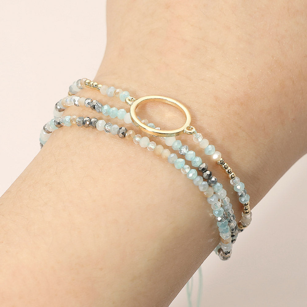 Madeline Love Gold, Mint Metal Ring Accent Faceted Beaded Layered Adjustable Cinch Pull Tie Bracelet