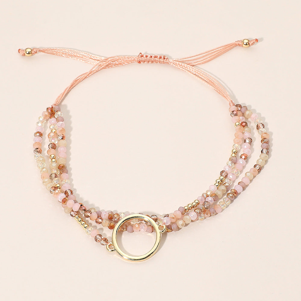 Madeline Love Gold, Pink Metal Ring Accent Faceted Beaded Layered Adjustable Cinch Pull Tie Bracelet
