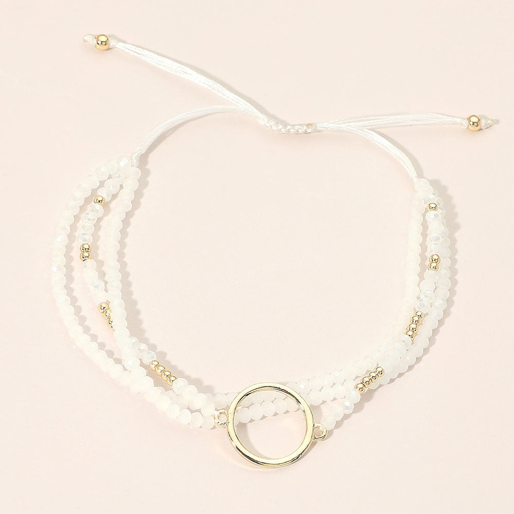 Madeline Love Gold, White Metal Ring Accent Faceted Beaded Layered Adjustable Cinch Pull Tie Bracelet