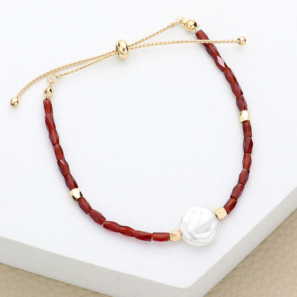 Madeline Love Burgundy Pearl Accented Beaded Cinch Pull Tie Bracelet - Bracelets