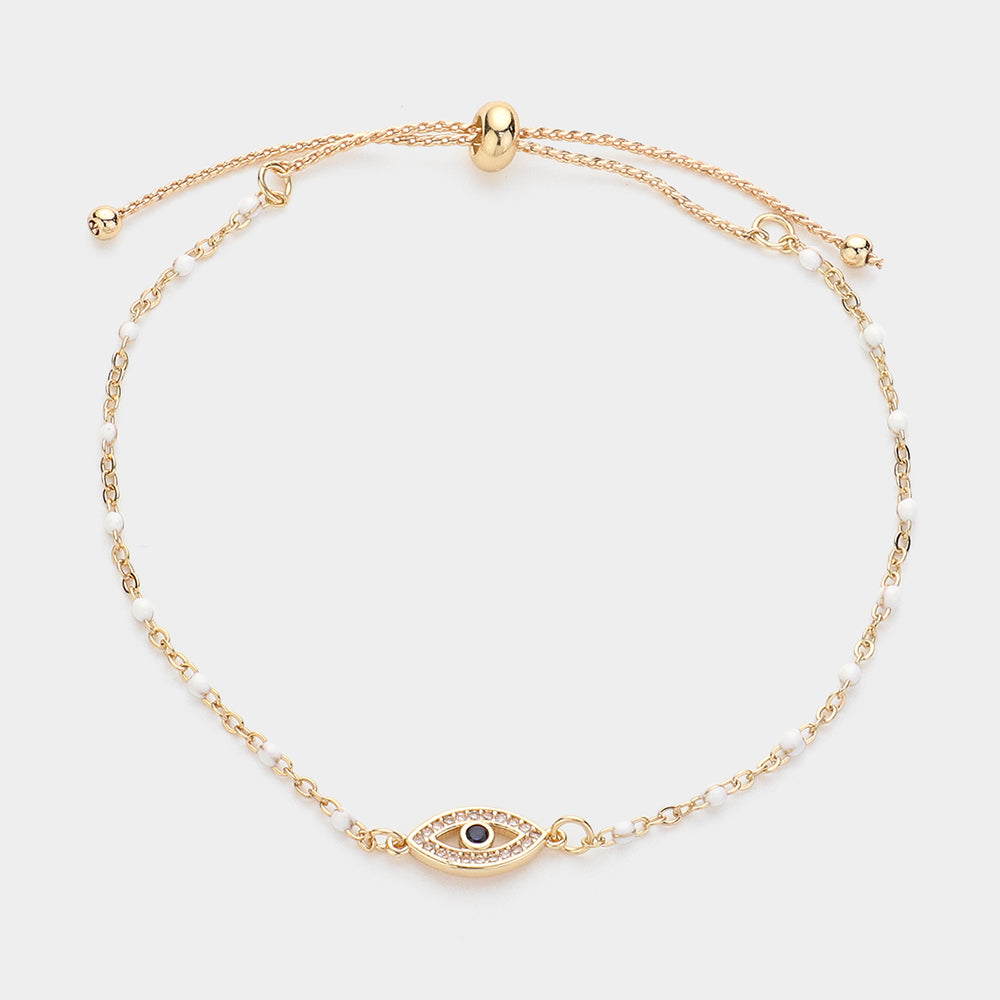 Madeline Love White Evil Eye Pointed Beads Station Pull Tie Bracelet - Bracelets