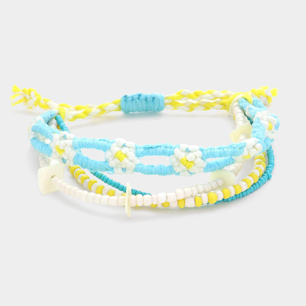 Madeline Love Blue Flower Threaded Shell Piece Pointed Beaded Adjustable Cinch Pull Tie Bracelet - Bracelets