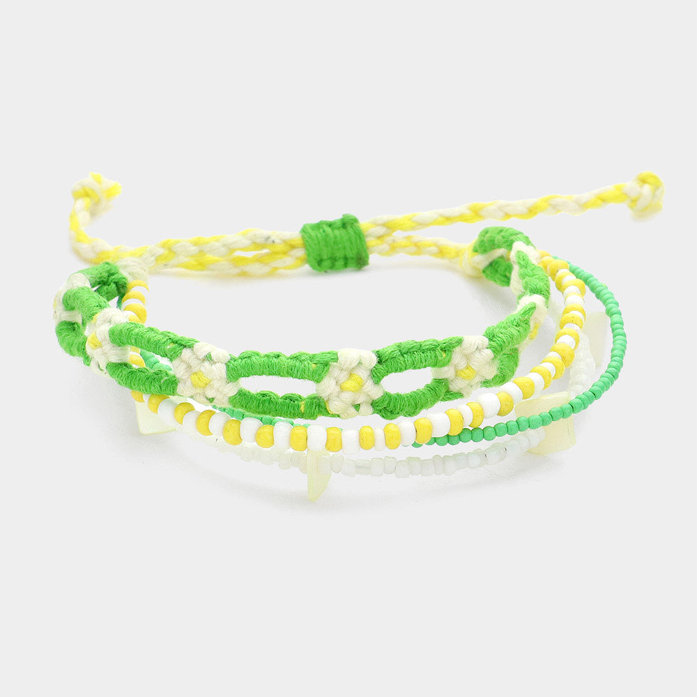 Madeline Love Green Flower Threaded Shell Piece Pointed Beaded Adjustable Cinch Pull Tie Bracelet - Bracelets
