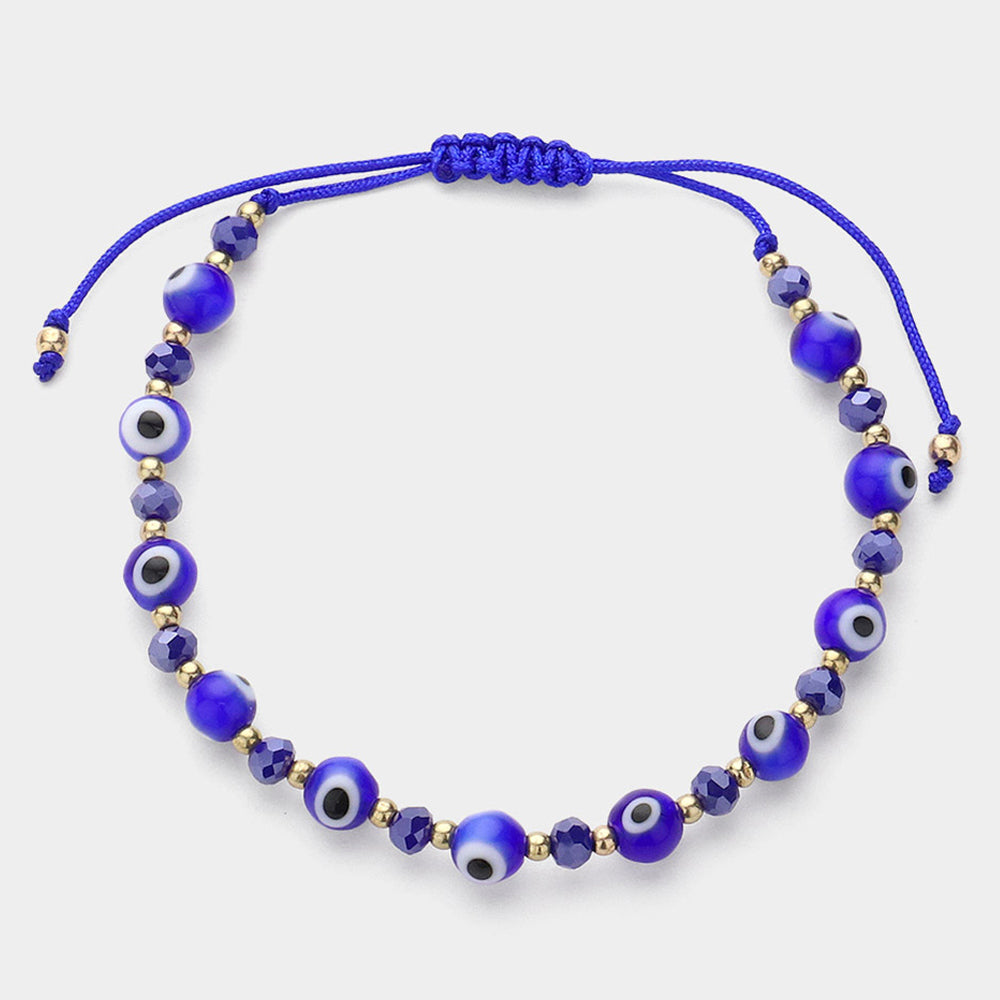Madeline Love Blue, Gold Evil Eye Beaded Adjustable Cinch Pull Tie Bracelet - Bracelets