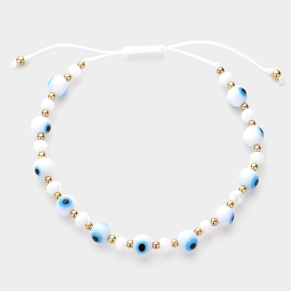 Madeline Love Gold, White Evil Eye Beaded Adjustable Cinch Pull Tie Bracelet - Bracelets